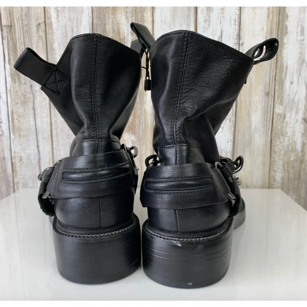 ZARA Womens Black Leather Ankle Combat Boots With Chains Size 36 6 NWT